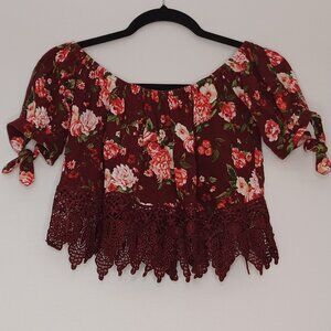 Women's IRIS Red Floral Off the Shoulder Crop w/Crochet bottom Summer/Spring Top